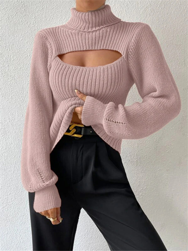 Sexy loose versatile sweater turtleneck hollow sweater outer top