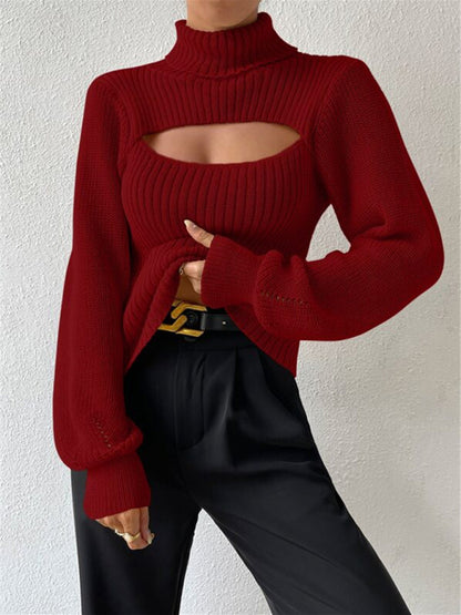 Sexy loose versatile sweater turtleneck hollow sweater outer top