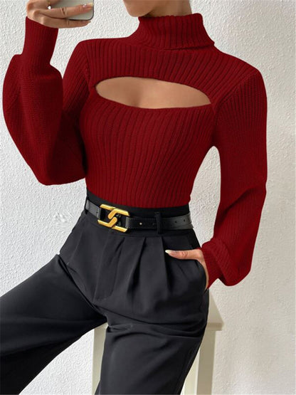 Sexy loose versatile sweater turtleneck hollow sweater outer top