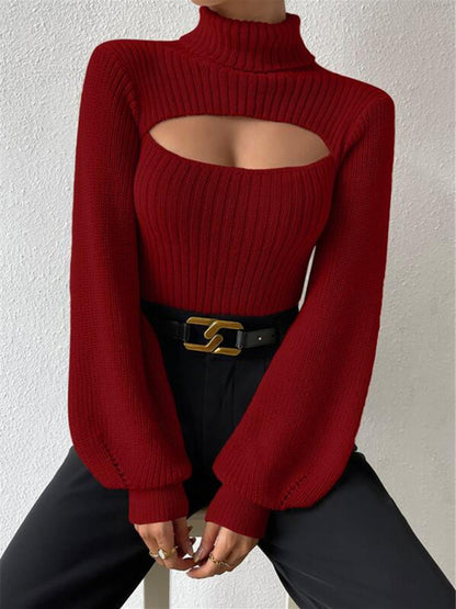 Sexy loose versatile sweater turtleneck hollow sweater outer top