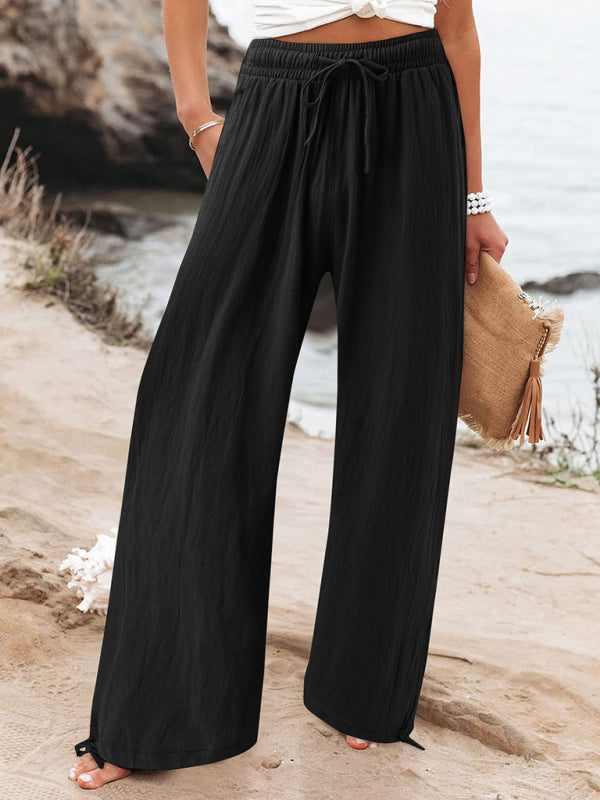 Elastic casual solid color wide leg trousers