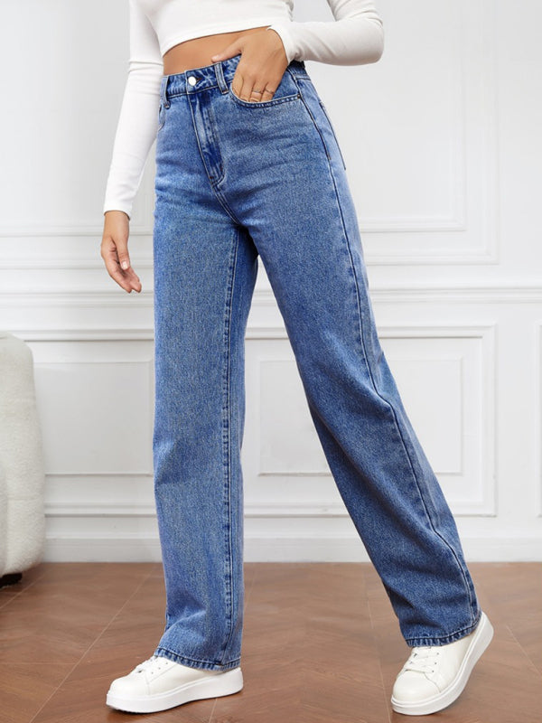 Women's High Waist Washed Straight Leg Jeans