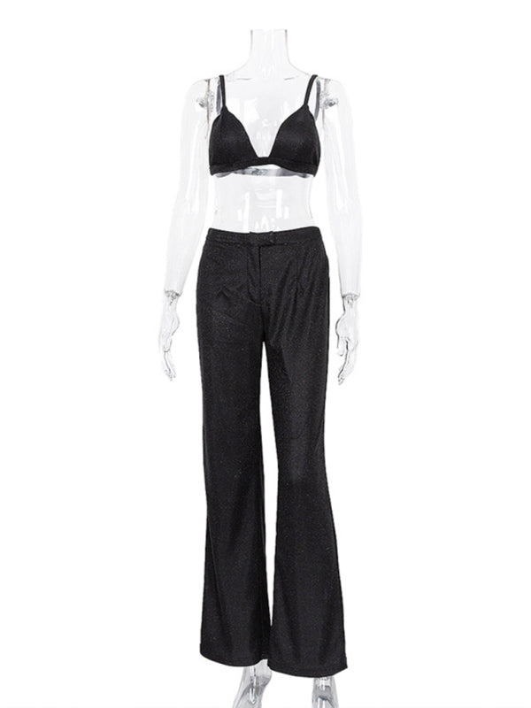 New camisole, slim straight high-waisted pants, sexy sequined jacket suit set (three-piece set)