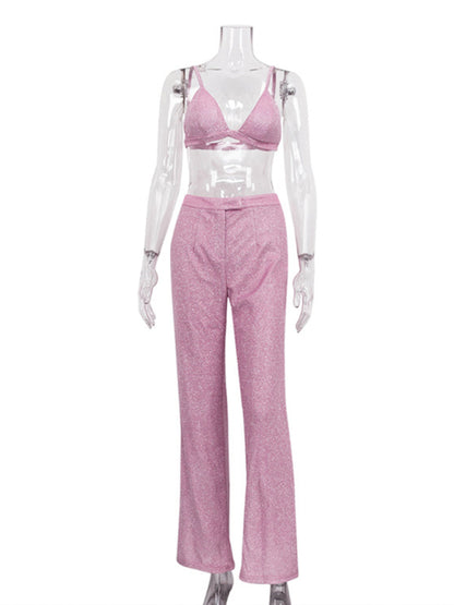 New camisole, slim straight high-waisted pants, sexy sequined jacket suit set (three-piece set)