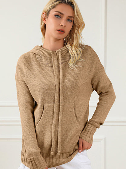 Women's mid-length loose drawstring pocket loose sweater