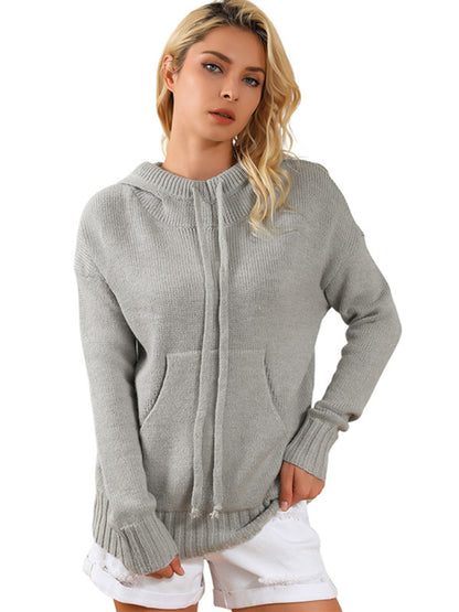 Women's mid-length loose drawstring pocket loose sweater