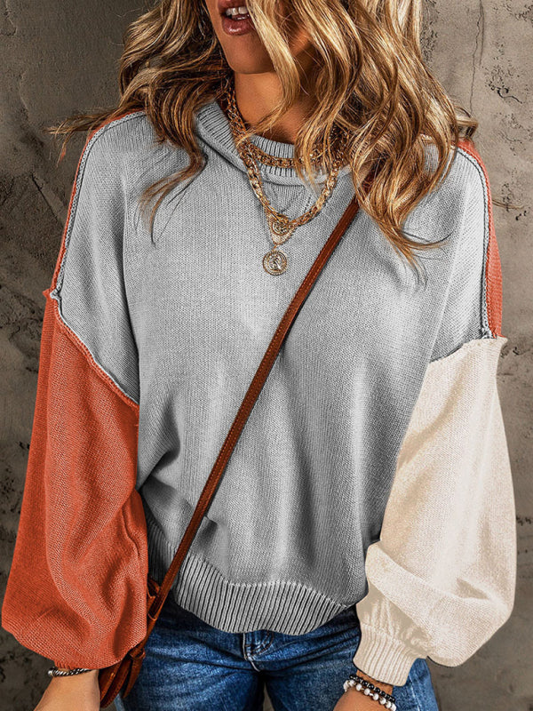 Women's Casual Style Versatile Contrast Color Pullover Sweater