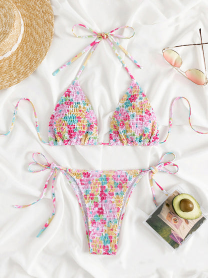 Feminine printed stretch pleated two-piece bikini