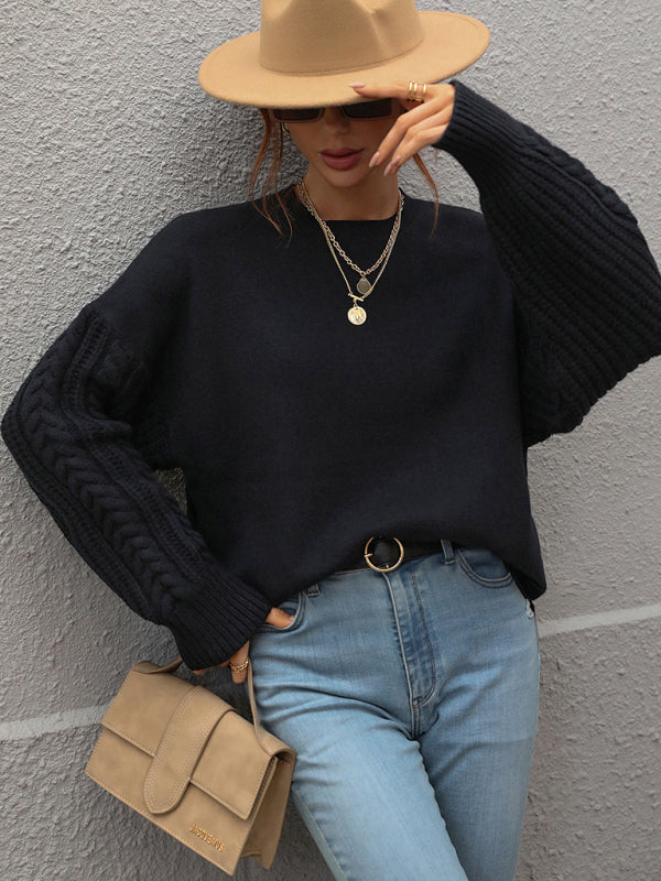 Long Sleeve Thick Knitted Round Neck Twist Rope Top Sweater