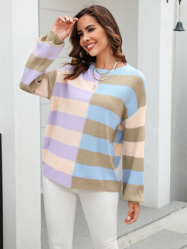 Women's patchwork striped contrasting crew neck sweater pullover