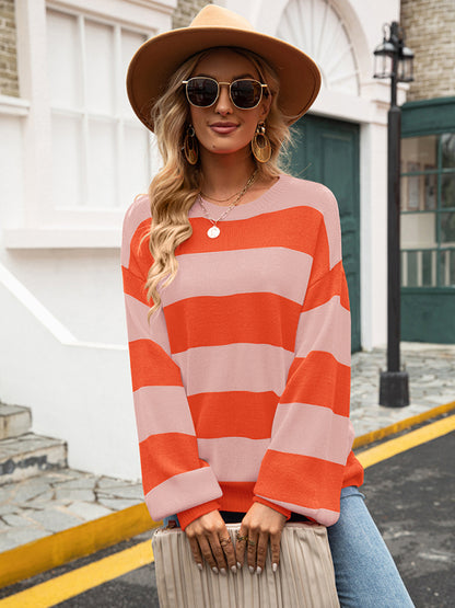 Striped round neck casual knitted sweater