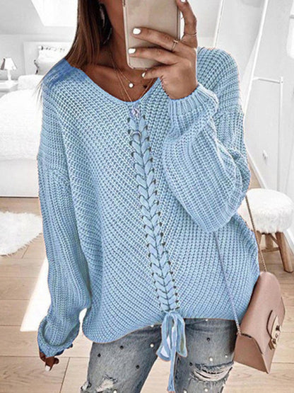 Long sleeve loose V-neck drawstring pullover sweater