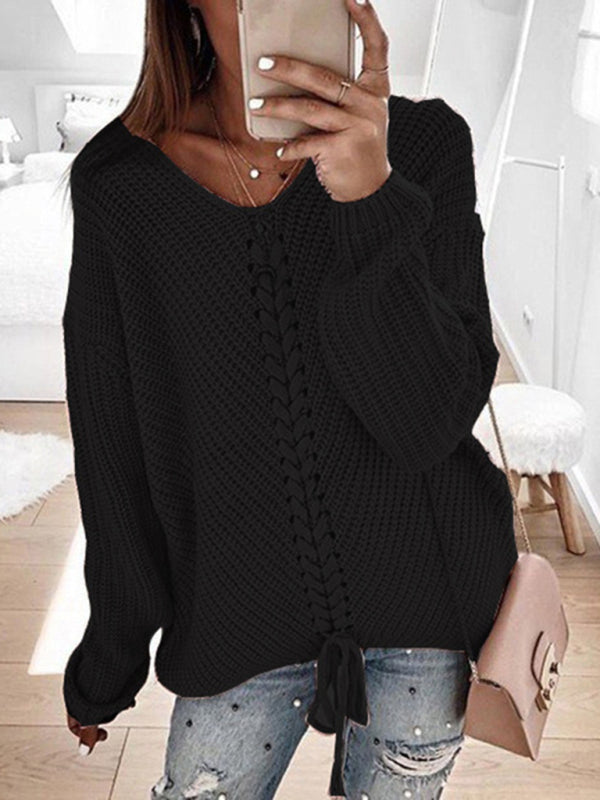 Long sleeve loose V-neck drawstring pullover sweater