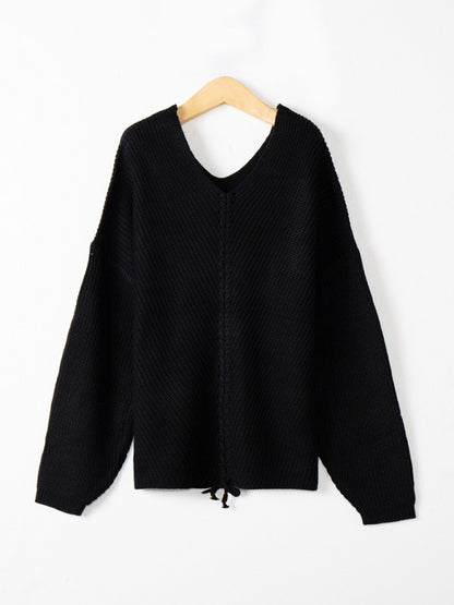 Long sleeve loose V-neck drawstring pullover sweater