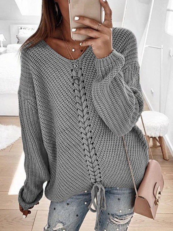 Long sleeve loose V-neck drawstring pullover sweater