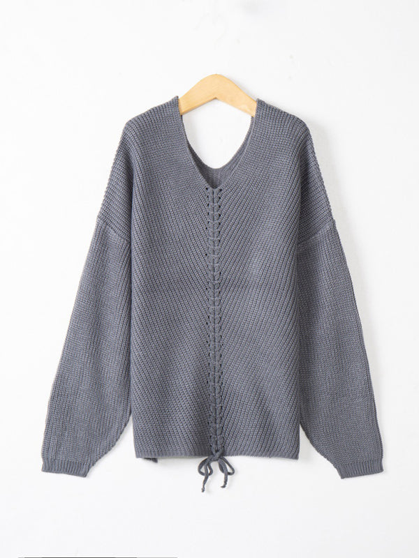 Long sleeve loose V-neck drawstring pullover sweater