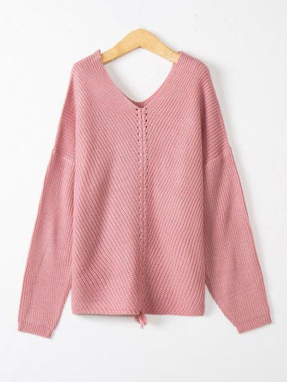 Long sleeve loose V-neck drawstring pullover sweater