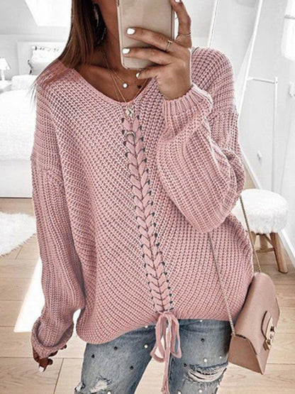 Long sleeve loose V-neck drawstring pullover sweater