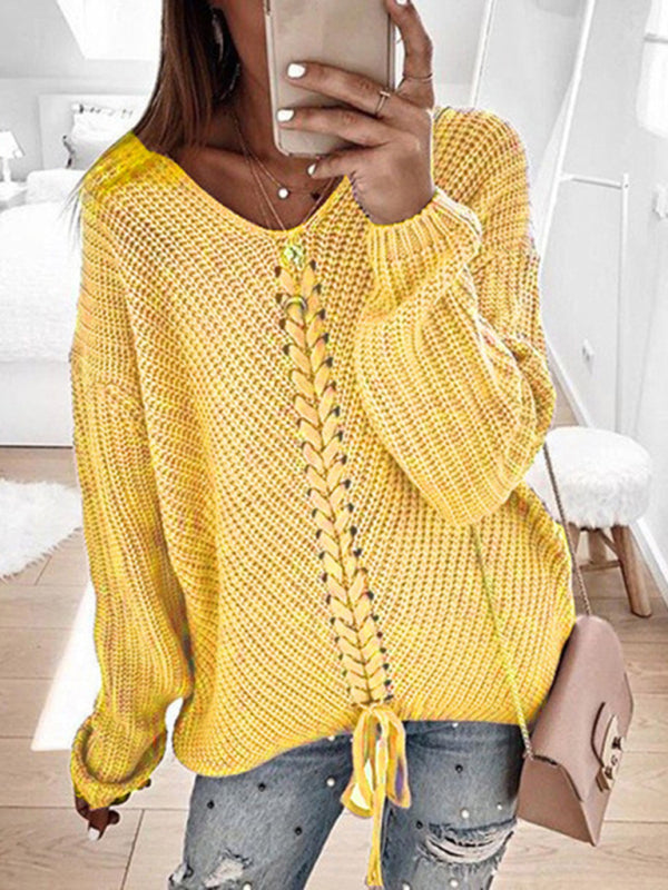 Long sleeve loose V-neck drawstring pullover sweater