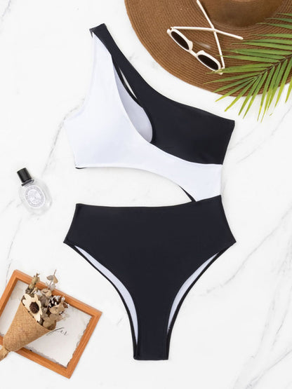 black and white one piece hollow swimsuit