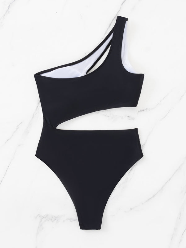 black and white one piece hollow swimsuit