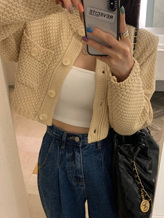 Women's new style versatile round neck pocket sweater short coat long sleeves