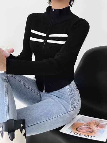 Double-ended zipper striped waisted curved long-sleeved knitted cardigan jacket