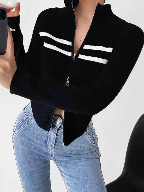Double-ended zipper striped waisted curved long-sleeved knitted cardigan jacket