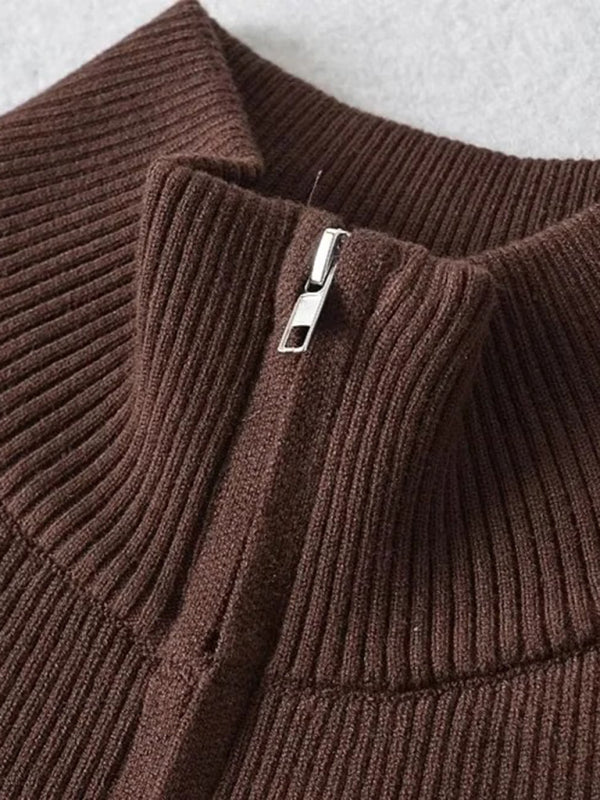Double-ended zipper striped waisted curved long-sleeved knitted cardigan jacket