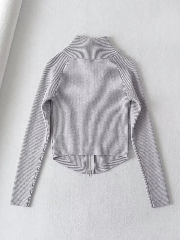 Double-ended zipper striped waisted curved long-sleeved knitted cardigan jacket