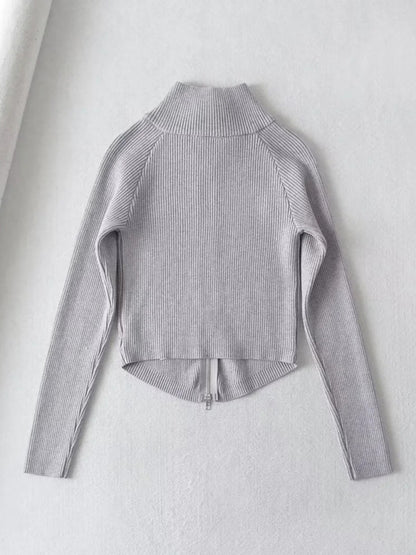 Double-ended zipper striped waisted curved long-sleeved knitted cardigan jacket