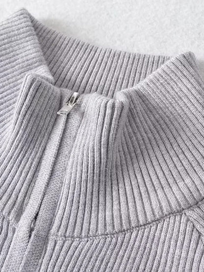 Double-ended zipper striped waisted curved long-sleeved knitted cardigan jacket