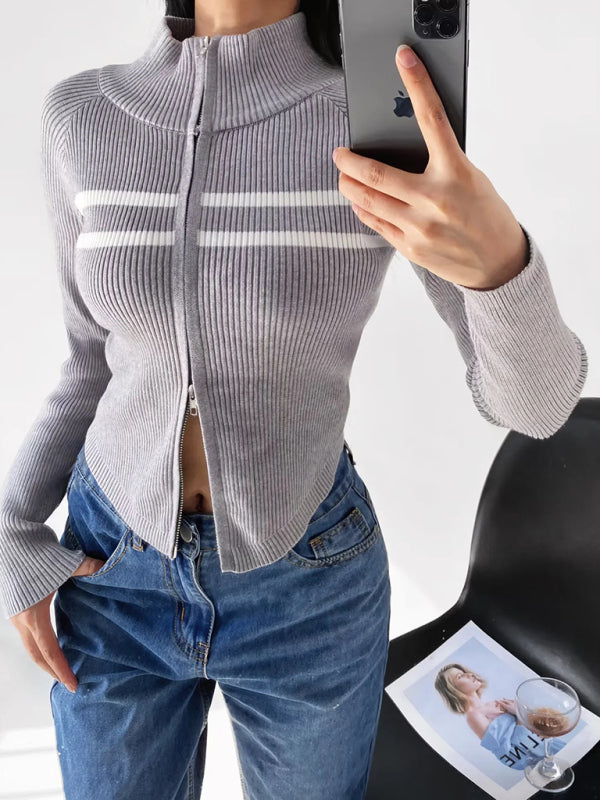 Double-ended zipper striped waisted curved long-sleeved knitted cardigan jacket