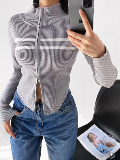 Double-ended zipper striped waisted curved long-sleeved knitted cardigan jacket