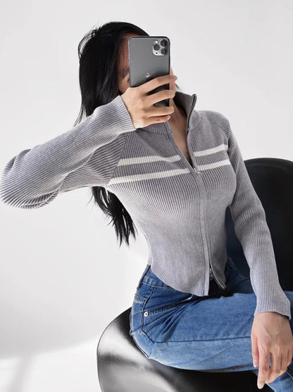 Double-ended zipper striped waisted curved long-sleeved knitted cardigan jacket