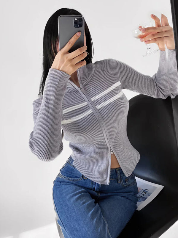 Double-ended zipper striped waisted curved long-sleeved knitted cardigan jacket