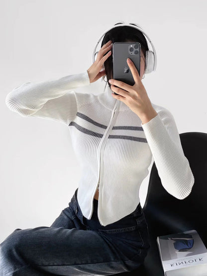 Double-ended zipper striped waisted curved long-sleeved knitted cardigan jacket