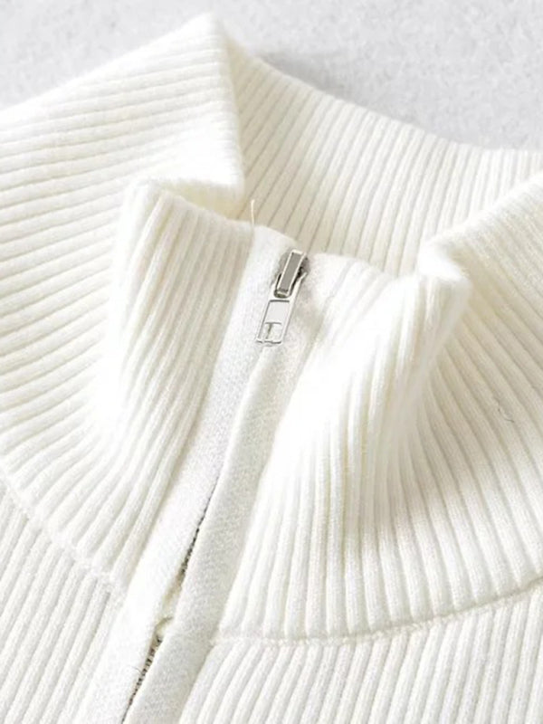 Double-ended zipper striped waisted curved long-sleeved knitted cardigan jacket