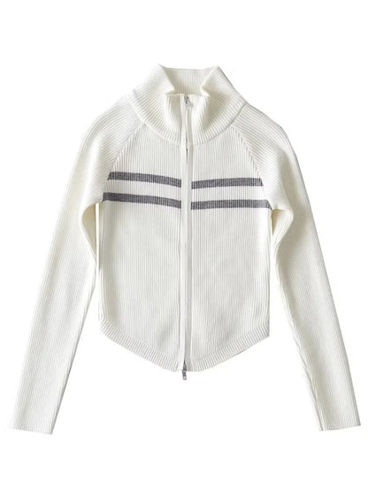 Double-ended zipper striped waisted curved long-sleeved knitted cardigan jacket