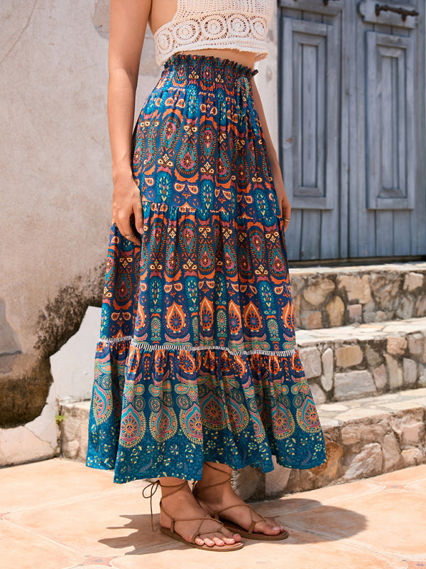 New Women's Bohemian Hollow Printed Patchwork Skirt