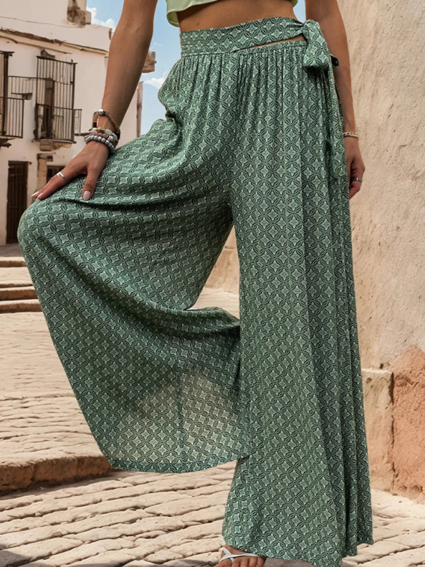 New women's lace-up high-waisted casual printed wide-leg trousers