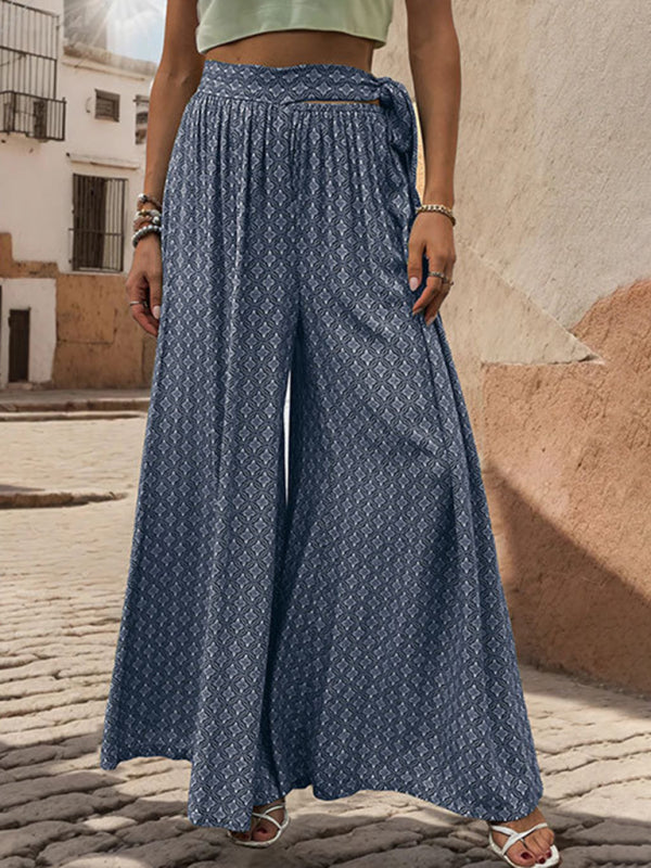 New women's lace-up high-waisted casual printed wide-leg trousers