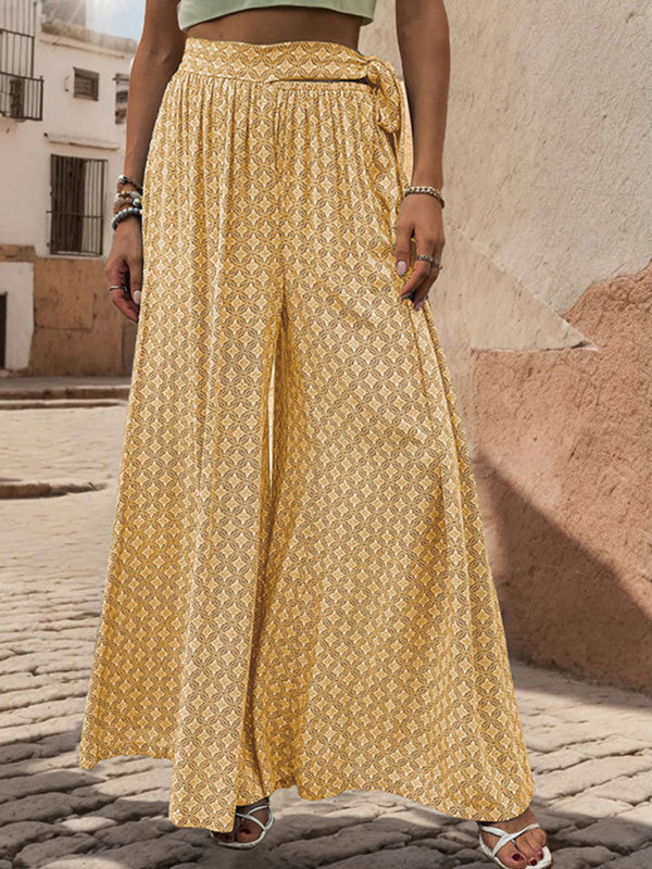 New women's lace-up high-waisted casual printed wide-leg trousers