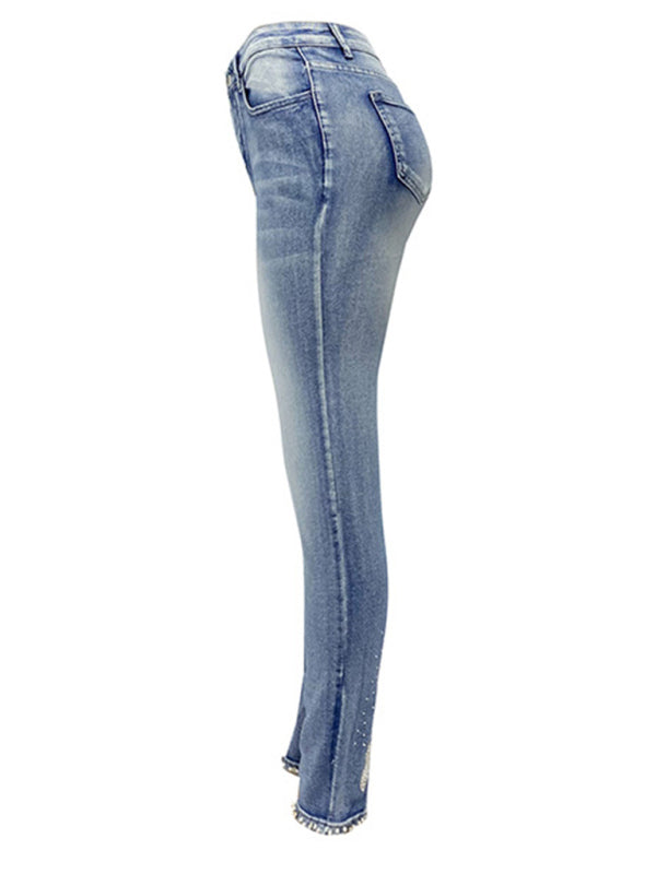 Women's washed beaded denim pencil pants