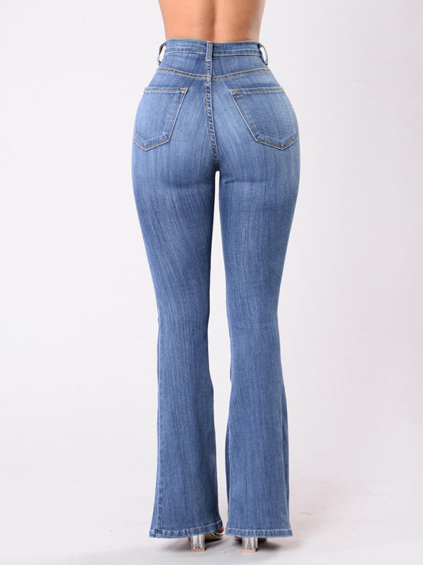 Women's new high-waist washed button slim fit slightly flared wide-leg denim trousers