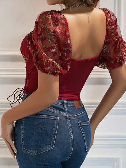 New women's puff sleeve sexy floral navel cropped top