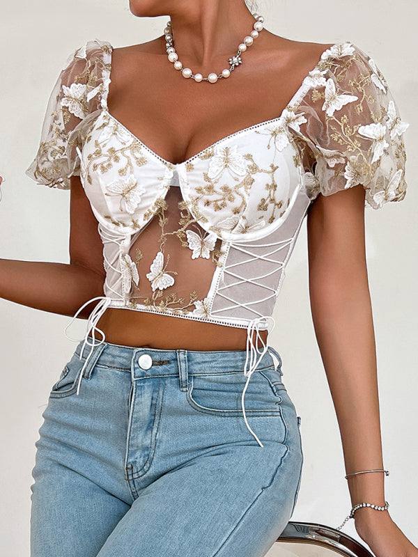 New women's puff sleeve sexy floral navel cropped top