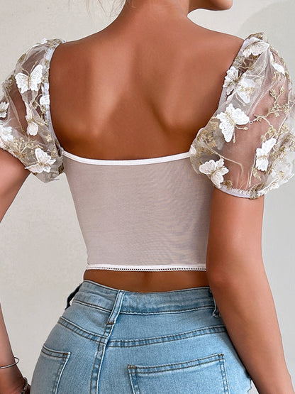 New women's puff sleeve sexy floral navel cropped top