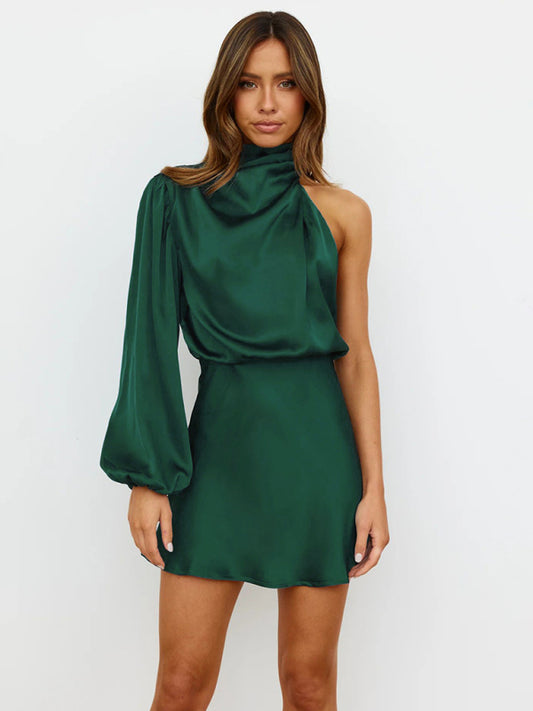 Women's Long-Sleeved One-Shoulder Elegant Silk Dress - Spring-Summer Solid Polyester Woven Casual Clothing