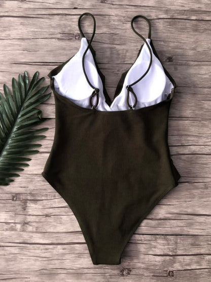 New bikini solid color one-piece ruffled sexy shoulder swimsuit